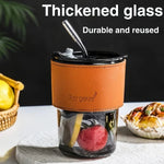 Aesthetic Amber Glass Coffee Mug with Premium Leather Sleeve & Glass Straw