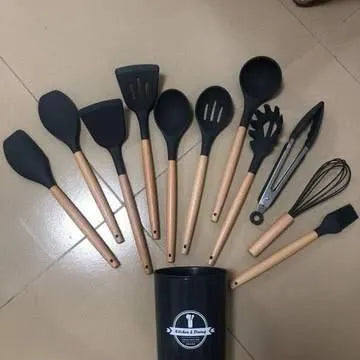 Premium 12-Piece Silicone Kitchen Utensil Set with Wooden Handles – Heat-Resistant