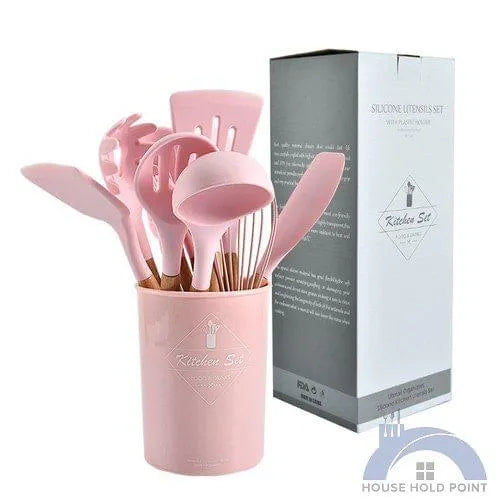 Premium 12-Piece Silicone Kitchen Utensil Set with Wooden Handles – Heat-Resistant