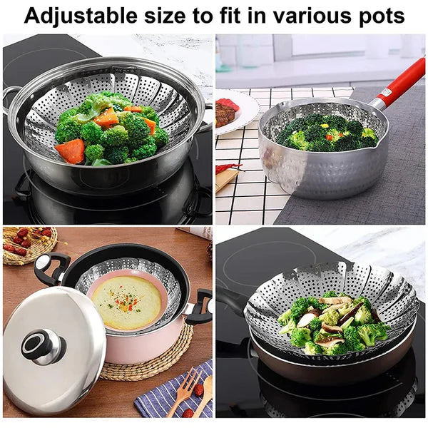 Stainless Steel Folding Steamer Basket – Expandable Veggie Colander & Fruit Tray
