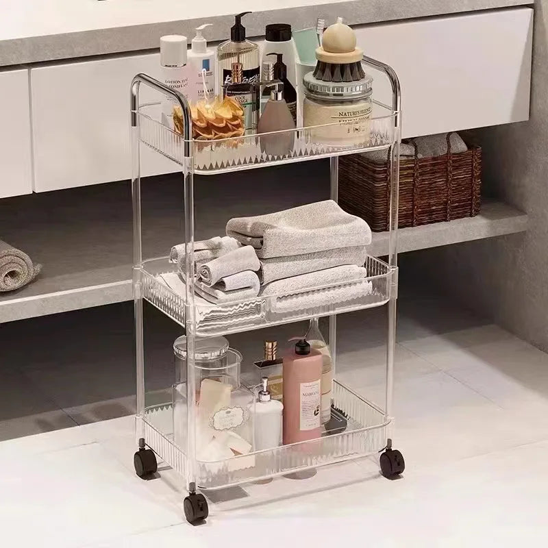 3-Tier Rolling Vanity Storage Cart – Acrylic-Style Clear Fluted Baskets, Mobile Makeup & Skincare