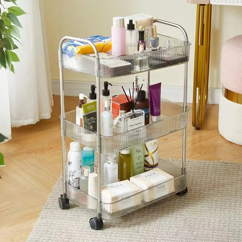 3-Tier Rolling Vanity Storage Cart – Acrylic-Style Clear Fluted Baskets, Mobile Makeup & Skincare
