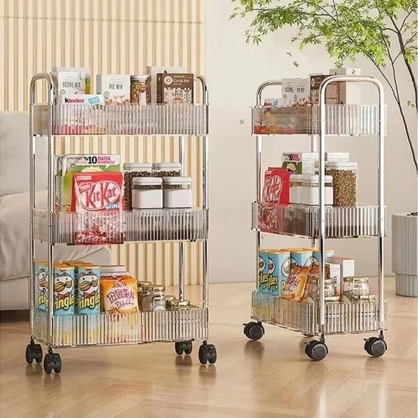 3-Tier Rolling Vanity Storage Cart – Acrylic-Style Clear Fluted Baskets, Mobile Makeup & Skincare