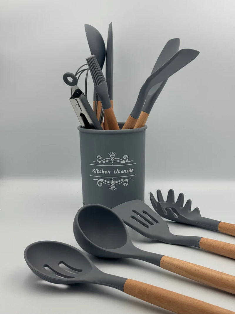 Professional Silicone Kitchen Utensil Set – Heat-Resistant Non-Stick Cooking Tools with Wooden Handles