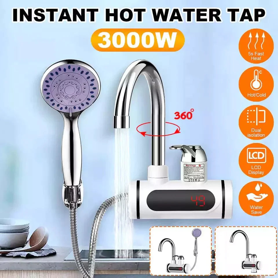 Instant Electric Hot and Cold Water Tap with Digital LCD Display & Dual Shower Attachment