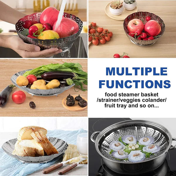 Stainless Steel Folding Steamer Basket – Expandable Veggie Colander & Fruit Tray