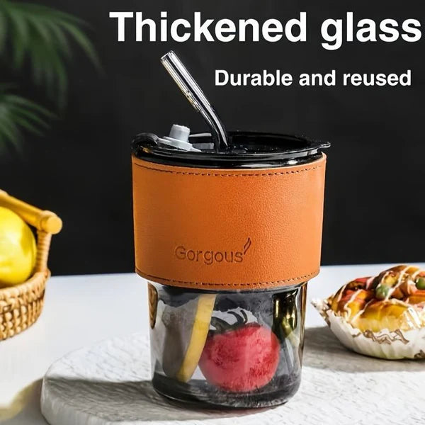 Aesthetic Amber Glass Coffee Mug with Premium Leather Sleeve & Glass Straw