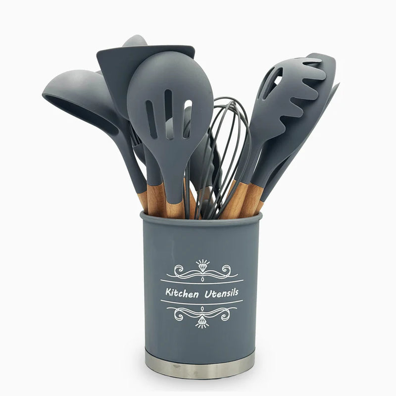 Professional Silicone Kitchen Utensil Set – Heat-Resistant Non-Stick Cooking Tools with Wooden Handles