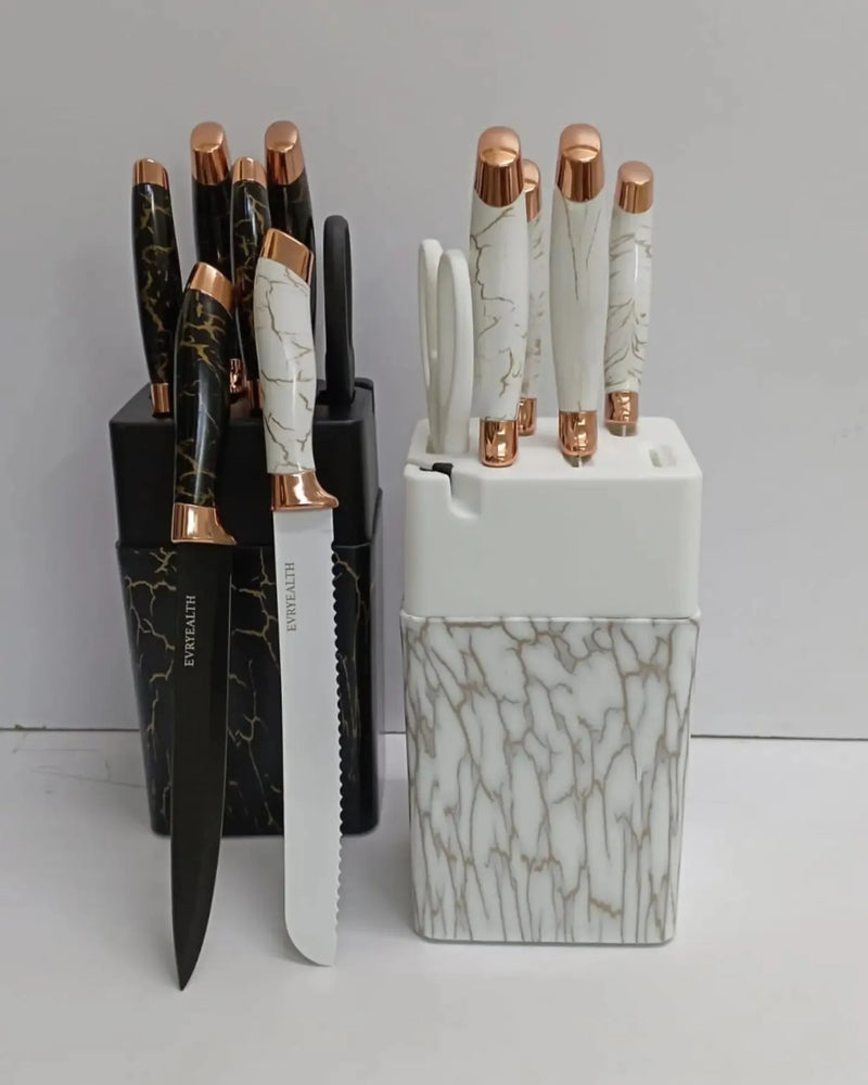 7-Piece Non-Stick Coated Knife Set with Elegant Marble Design & Acrylic Stand