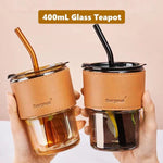 Aesthetic Amber Glass Coffee Mug with Premium Leather Sleeve & Glass Straw