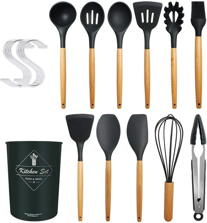 Professional Silicone Kitchen Utensil Set – Heat-Resistant Non-Stick Cooking Tools with Wooden Handles