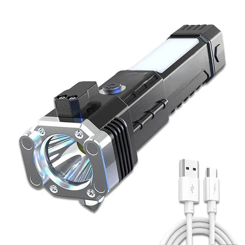 Multi-Functional Tactical LED Flashlight with COB Work Light & Emergency Hammer