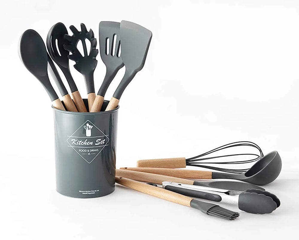 Professional Silicone Kitchen Utensil Set – Heat-Resistant Non-Stick Cooking Tools with Wooden Handles