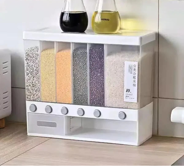 Wall-Mounted Dry Food Dispenser 6-Grid Cereal Dispensers Food Storage Container Kitchen Storage Tank
