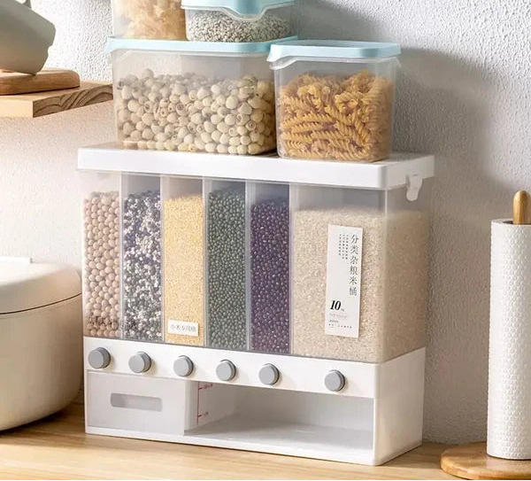 Wall-Mounted Dry Food Dispenser 6-Grid Cereal Dispensers Food Storage Container Kitchen Storage Tank