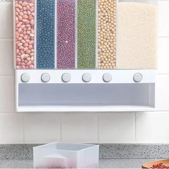Wall-Mounted Dry Food Dispenser 6-Grid Cereal Dispensers Food Storage Container Kitchen Storage Tank
