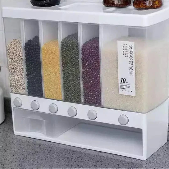 Wall-Mounted Dry Food Dispenser 6-Grid Cereal Dispensers Food Storage Container Kitchen Storage Tank