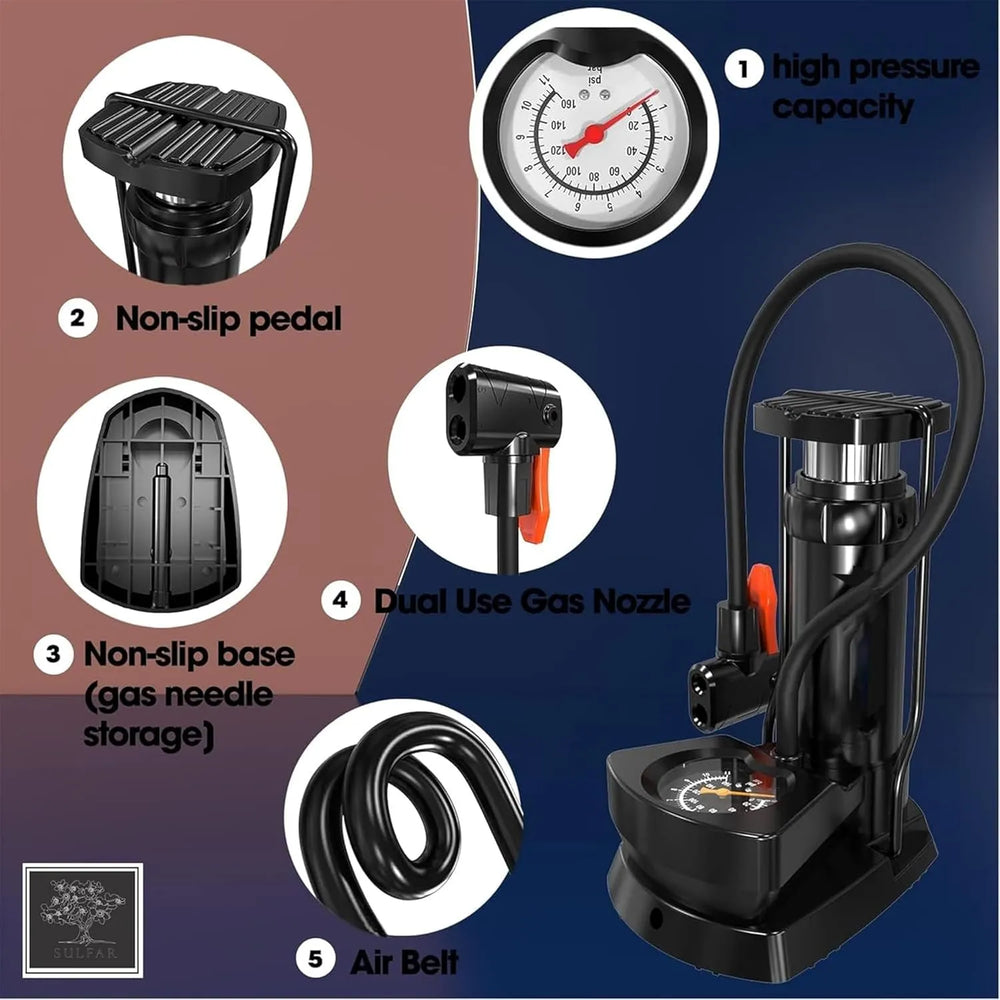 High-Pressure Foot Pump – Compact Horizontal Bar Tire Inflator with Precision Pressure