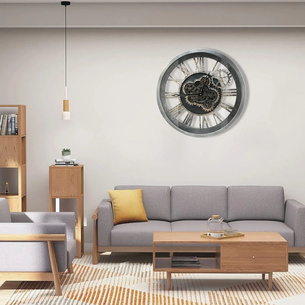 Industrial Gear Wall Clock – Large 3D Moving Cog Timepiece with Roman Numerals