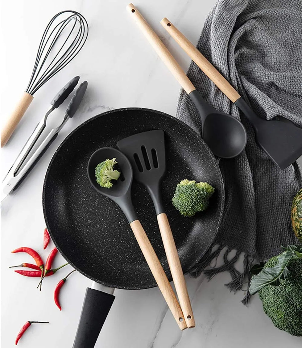 Professional Silicone Kitchen Utensil Set – Heat-Resistant Non-Stick Cooking Tools with Wooden Handles