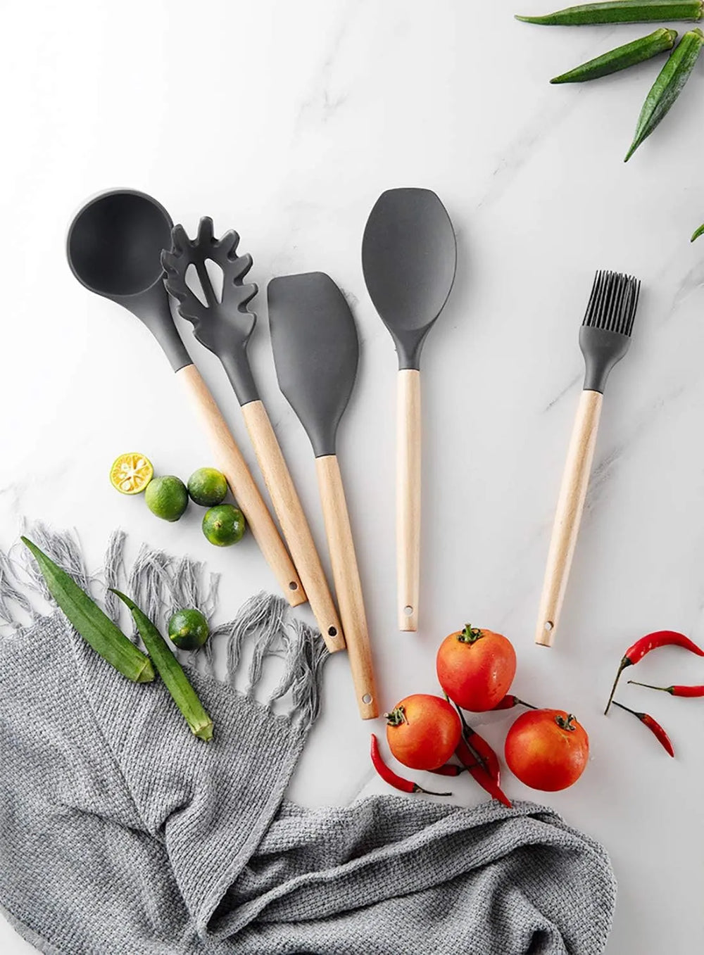 Professional Silicone Kitchen Utensil Set – Heat-Resistant Non-Stick Cooking Tools with Wooden Handles