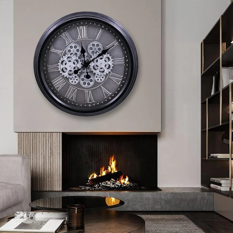 Industrial Gear Wall Clock – Large 3D Moving Cog Timepiece with Roman Numerals