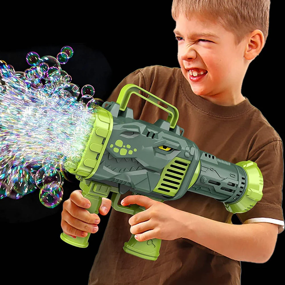 Dinosaur Bubble Bazooka – Automatic Gatling-Style Colorful Bubble Gun with Lights