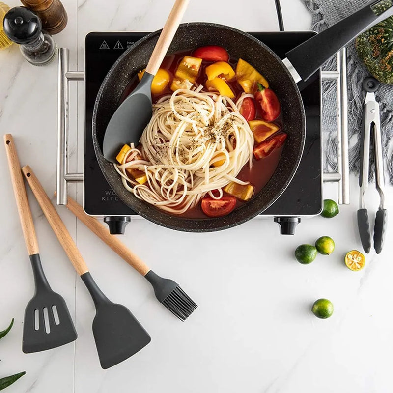 Professional Silicone Kitchen Utensil Set – Heat-Resistant Non-Stick Cooking Tools with Wooden Handles