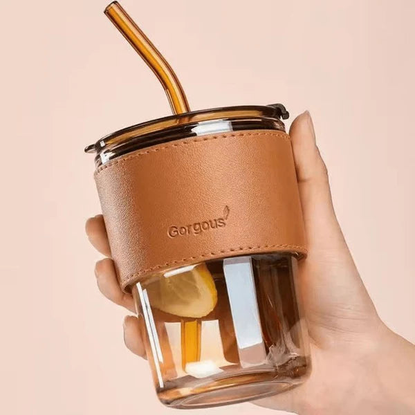 Aesthetic Amber Glass Coffee Mug with Premium Leather Sleeve & Glass Straw