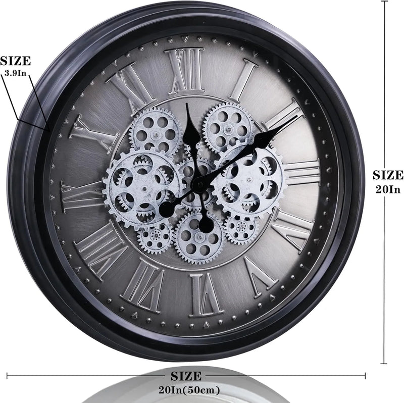 Industrial Gear Wall Clock – Large 3D Moving Cog Timepiece with Roman Numerals