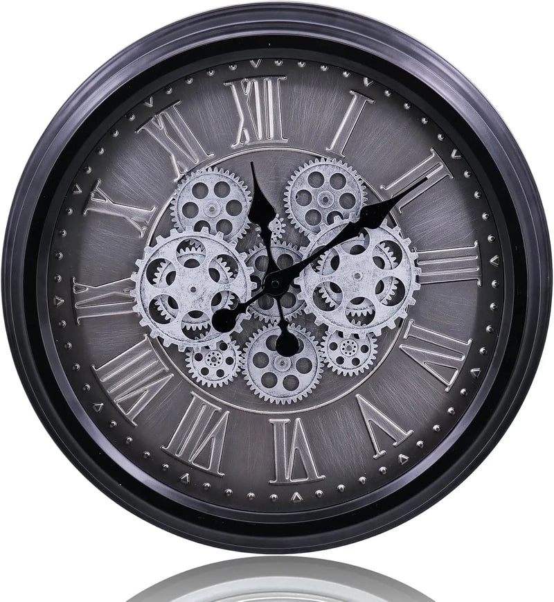 Industrial Gear Wall Clock – Large 3D Moving Cog Timepiece with Roman Numerals
