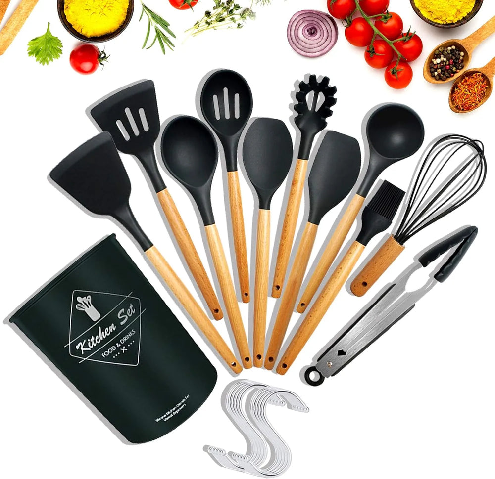 Professional Silicone Kitchen Utensil Set – Heat-Resistant Non-Stick Cooking Tools with Wooden Handles