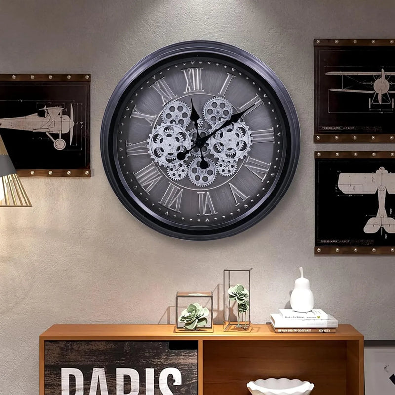 Industrial Gear Wall Clock – Large 3D Moving Cog Timepiece with Roman Numerals