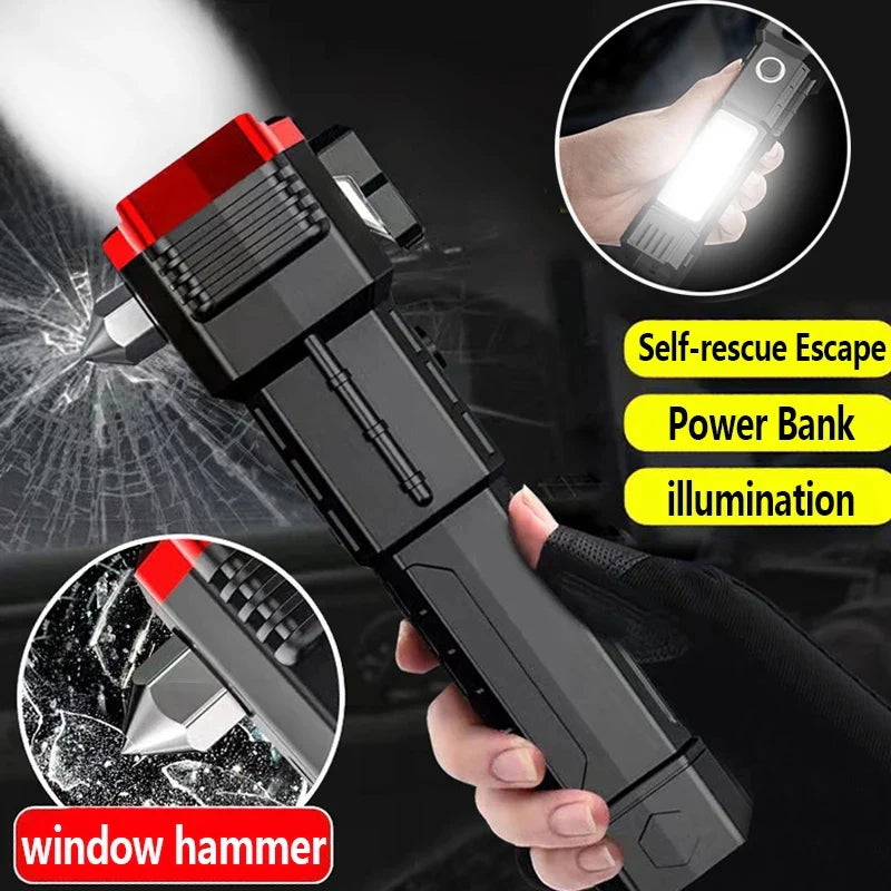 Multi-Functional Tactical LED Flashlight with COB Work Light & Emergency Hammer