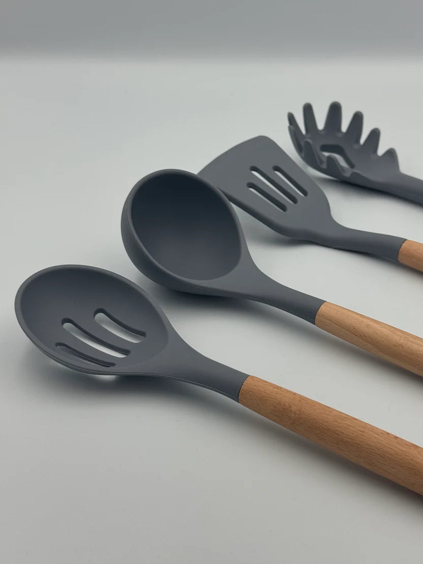 Professional Silicone Kitchen Utensil Set – Heat-Resistant Non-Stick Cooking Tools with Wooden Handles