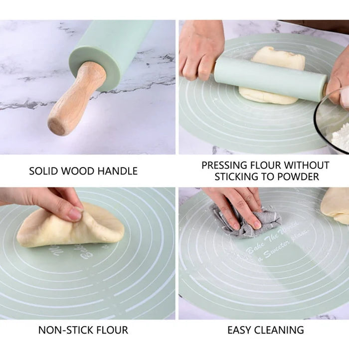 Silicone Rolling Pin & Kneading Pad Set – Non-Stick Pastry Mat with Measurement Guide