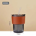 Aesthetic Amber Glass Coffee Mug with Premium Leather Sleeve & Glass Straw