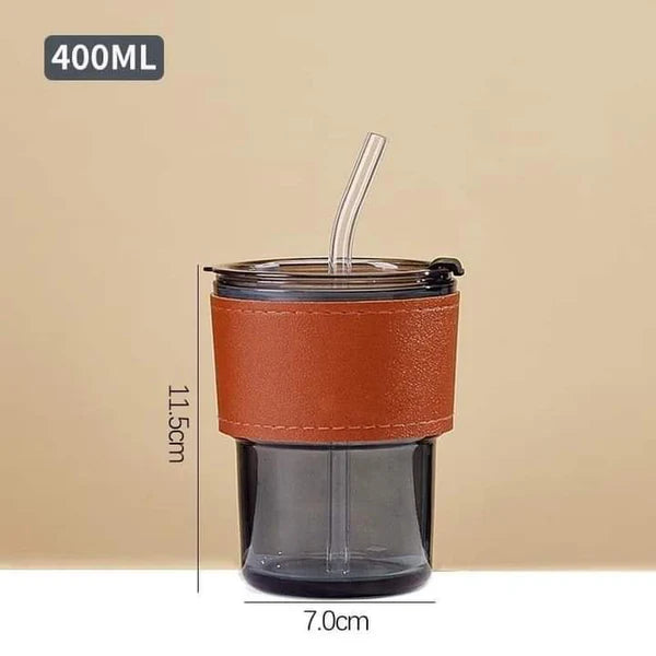 Aesthetic Amber Glass Coffee Mug with Premium Leather Sleeve & Glass Straw