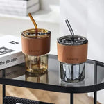 Aesthetic Amber Glass Coffee Mug with Premium Leather Sleeve & Glass Straw