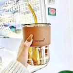 Aesthetic Amber Glass Coffee Mug with Premium Leather Sleeve & Glass Straw