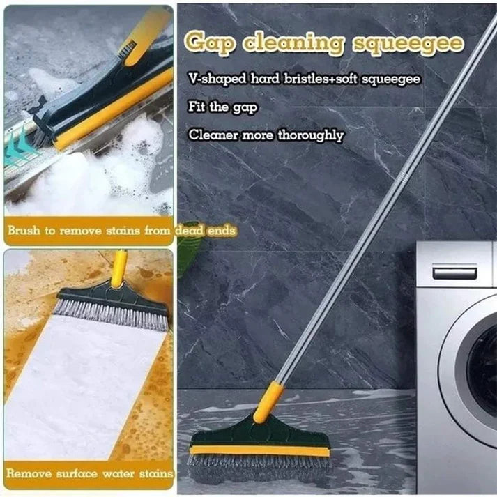 2-in-1 Floor Scrub Brush with Integrated Squeegee – V-Shaped Long Handle Grout Cleaner & Hard Surface Scrubber