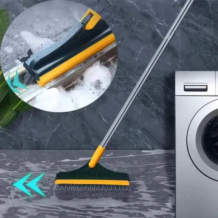 2-in-1 Floor Scrub Brush with Integrated Squeegee – V-Shaped Long Handle Grout Cleaner & Hard Surface Scrubber