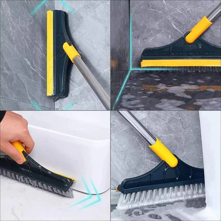 2-in-1 Floor Scrub Brush with Integrated Squeegee – V-Shaped Long Handle Grout Cleaner & Hard Surface Scrubber