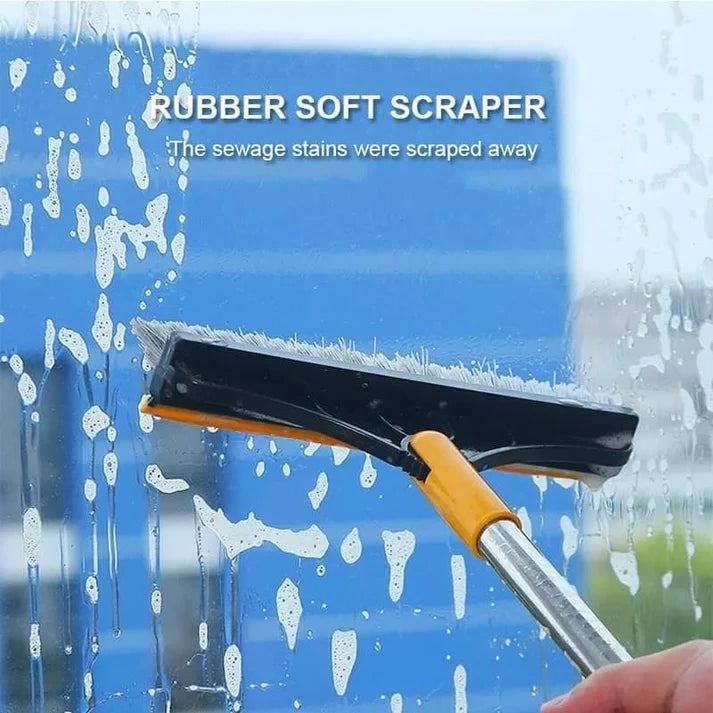 2-in-1 Floor Scrub Brush with Integrated Squeegee – V-Shaped Long Handle Grout Cleaner & Hard Surface Scrubber
