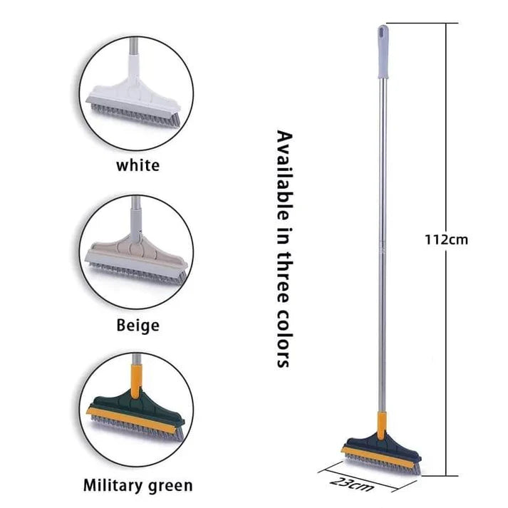 2-in-1 Floor Scrub Brush with Integrated Squeegee – V-Shaped Long Handle Grout Cleaner & Hard Surface Scrubber