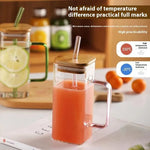 Square Glass Mug with Bamboo Lid & Straw  Clear Juice Tumbler with Colored Handle