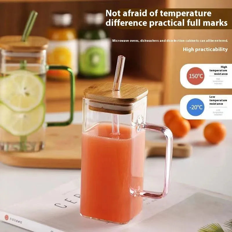 Square Glass Mug with Bamboo Lid & Straw  Clear Juice Tumbler with Colored Handle