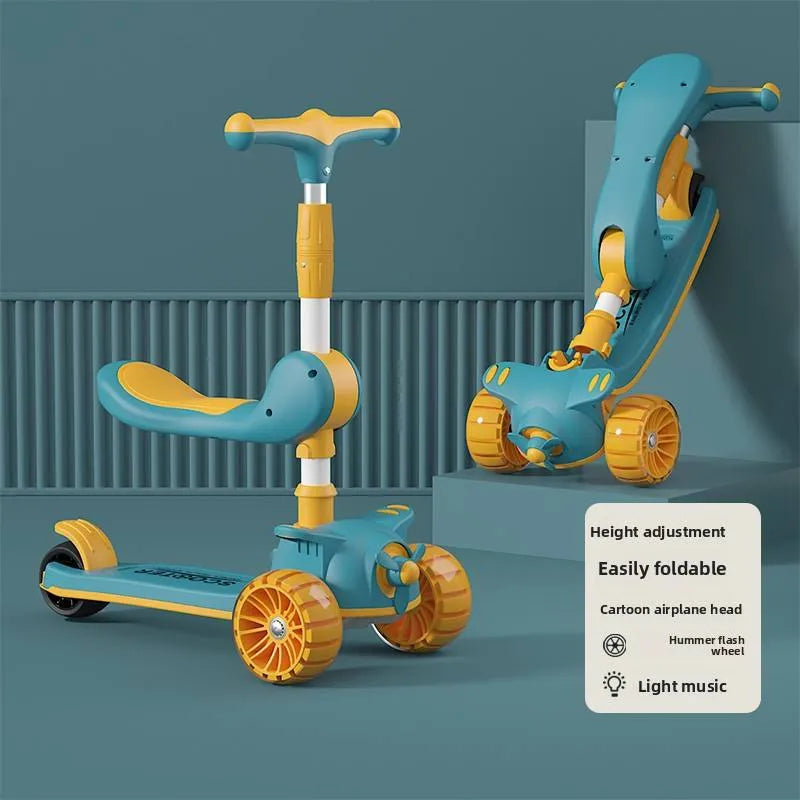 2-in-1 Kids' Kick Scooter with Foldable Seat – Adjustable 3-Wheel Toddler Scooter, Folding Design,
