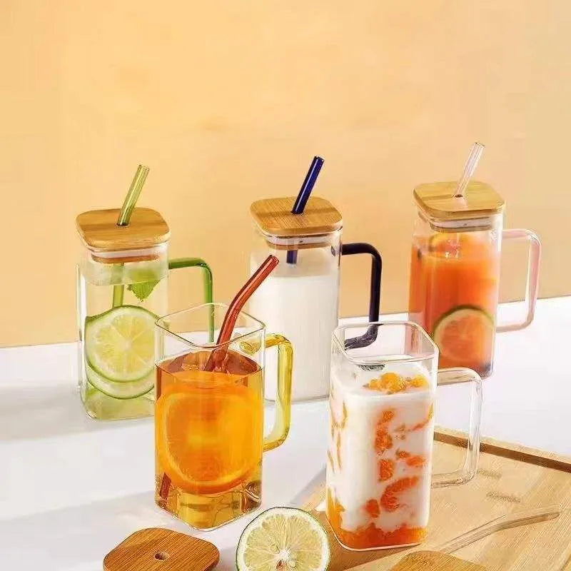 Square Glass Mug with Bamboo Lid & Straw  Clear Juice Tumbler with Colored Handle