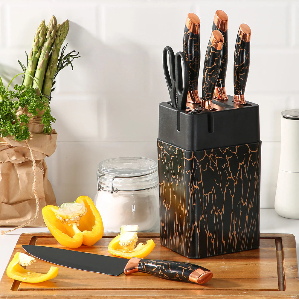 7-Piece Non-Stick Coated Knife Set with Elegant Marble Design & Acrylic Stand